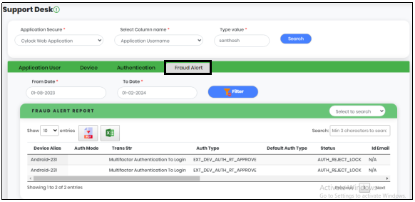 Support Desk screen Displaying Fraud Alert tab- CyLock